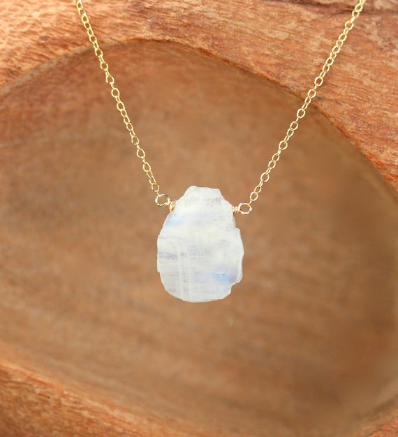Crystal Slice Necklace - Raw Moonstone Necklace - Rainbow Moonstone Necklace - June Birthstone Necklace - 14k Gold Filled Necklace