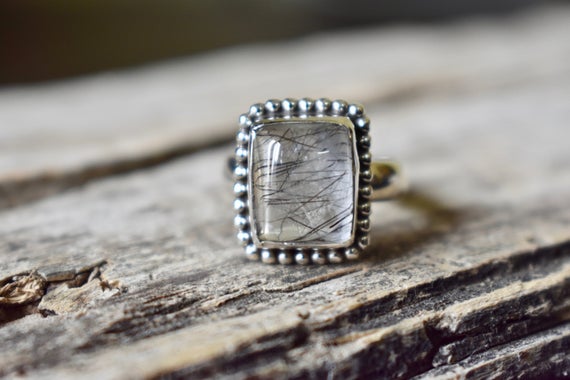 Black Rutile Quartz Ring , Statement Ring , 925 Sterling Silver , Quartz Gemstone Silver Ring , Women Jewellery Gift #r37