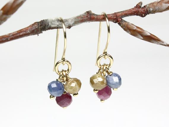 Sapphire Gold Filled Earrings Red Blue Yellow Genuine Natural Gemstone Boho Dangle Drop Clusters September Birthstone Gift For Her 5805