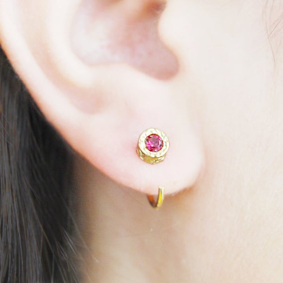 Red Sapphire Rose Gold Hoops Rose Gold Earrings Gold Huggies Birthstone Gifts Stud Hoop Earrings Gold Jewelry Red Stone Gold Earring