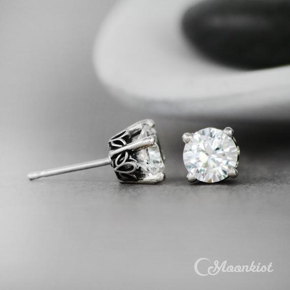 White Sapphire Stud Earrings, 925 Sterling Silver White Sapphire Earrings For Women, 6 Mm White Gemstone Solitaire Studs | Moonkist Designs