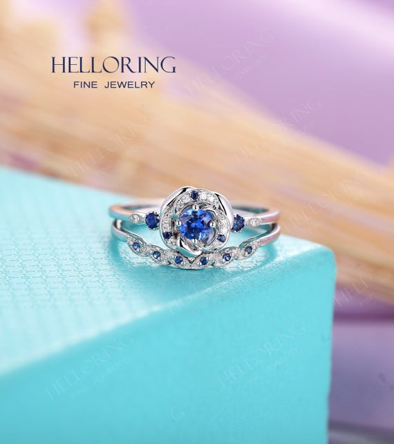 White Gold Round Cut Sapphire Engagement Ring Set  Diamond Wedding Band Diamond Art Deco Flower Leaf Unique Anniversary Promise Ring Set