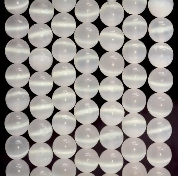 8mm Genuine Selenite White Cat's Eye Gemstone Grade Aaa Round Loose Beads 7.5 Inch Half Strand (80007648-a210)
