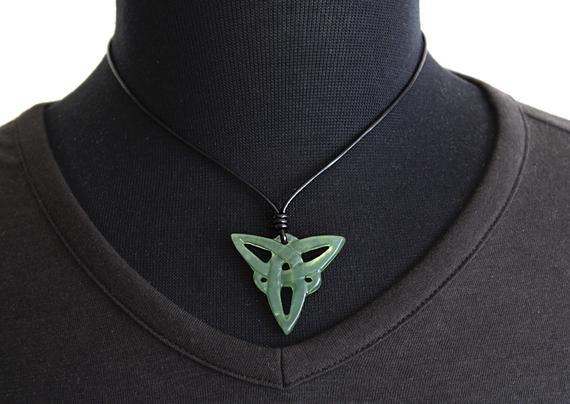 Celtic Knot Necklace, Peace Sign Pendant, Mens Gemstone Necklace, Green Pendant Necklace, Unisex Jewelry, Triquetra Pendant, Trinity Knot