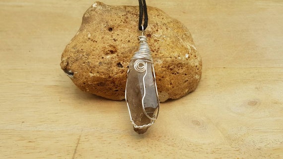 Brown Smoky Quartz Pendant. Raw Crystal Necklace. Reiki Jewelry. Silver Plated Wire Wrapped Pendant Uk