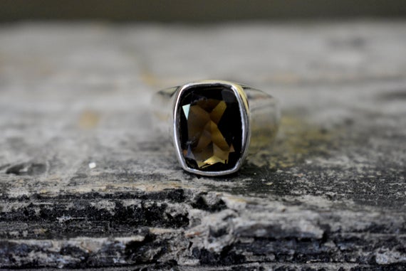 Smoky Quartz Ring , Signet Ring , 925 Sterling Silver , Unisex Ring , Man Ring , Faceted Smoky Quartz Gemstone , Quartz Silver Ring
