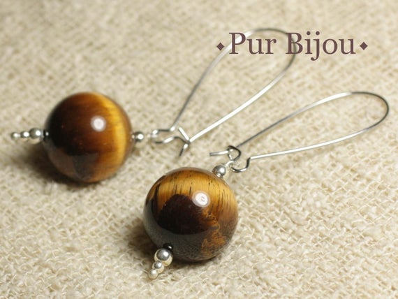 Boucles Oreilles Pierre Semi Précieuse - Oeil De Tigre 16 Mm