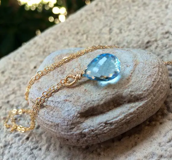 Sky Blue Topaz Stone Pendant Necklace.  December Birthday Gem. Teardrop. Bridal Jewelry