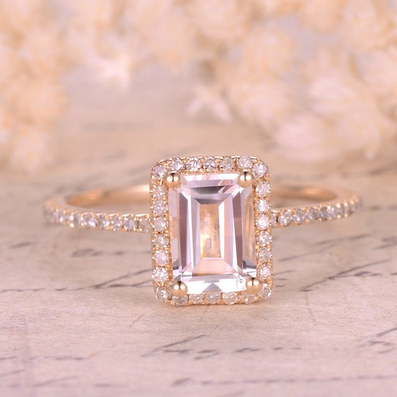 5x7mm Emerald Cut White Topaz Engagement Ring,14k Yellow Gold,diamond Halo,topaz Ring,ball Prongs, Blue Topaz,emerald,moissanite Available