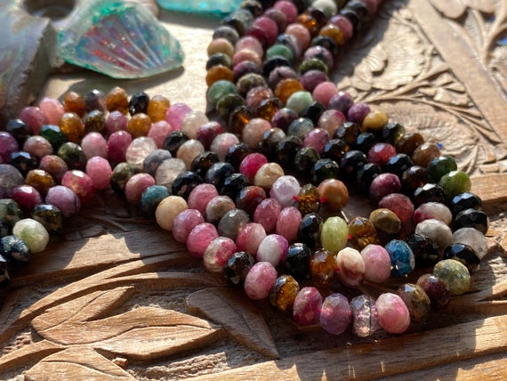 Hand Faceted Natural Multi Coloured Gemstone Tourmaline Rondelles Beads 5.6mm
