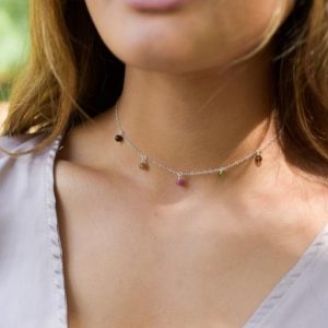 Boho rainbow tourmaline dangle bead drop choker necklace in bronze, silver, gold or rose gold – 12" with 2" extender. October birthstone | Natural genuine Gemstone necklaces. Buy crystal jewelry, handmade handcrafted artisan jewelry for women.  Unique handmade gift ideas. #jewelry #beadednecklaces #beadedjewelry #gift #shopping #handmadejewelry #fashion #style #product #necklaces #affiliate #ad