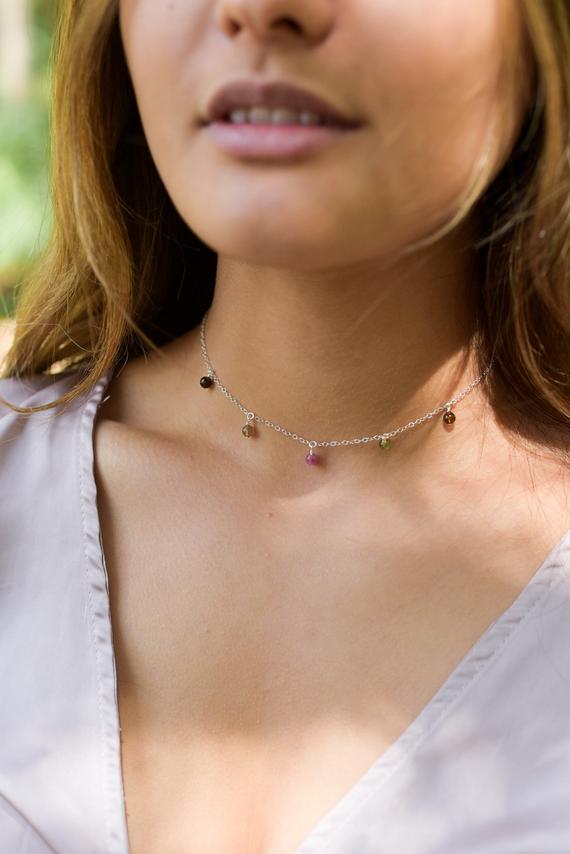 Boho Rainbow Tourmaline Dangle Bead Drop Choker Necklace In Bronze, Silver, Gold Or Rose Gold. October Birthstone. Handmade To Order.