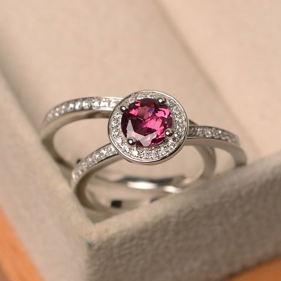 Red Tourmaline Ring, Silver Proposal Ring, Tourmaline Ring With Band, Round Cut Halo Ring, Engagement Ring For Women