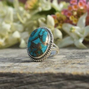 Shop Turquoise Rings! Blue Copper Turquoise Ring, 925 Sterling Silver, Oval Gemstone, Natural Gemstone, Statement Ring, Blue Gemstone Ring, Split Band Ring, Sale | Natural genuine Turquoise rings, simple unique handcrafted gemstone rings. #rings #jewelry #shopping #gift #handmade #fashion #style #affiliate #ad