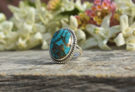 Blue Copper Turquoise Ring, 925 Sterling Silver, Oval Gemstone, Natural Gemstone, Statement Ring, Blue Gemstone Ring, Split Band Ring, Sale