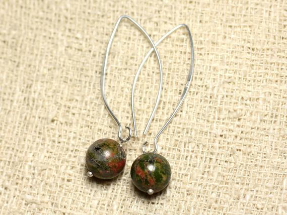 Boucles Oreilles Argent 925 Et Pierre - Unakite Boules 10mm