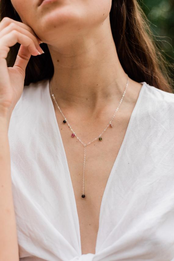 Multicoloured Tourmaline Y Necklace. Watermelon Tourmaline Lariat Necklace For Women. Rainbow October Birthstone Delicate Gemstone Lariat.