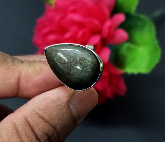 925 Sterling Silver Handmade Ring With Natural Golden Sheen Obsidian Gemstone,925 Silver Jewelry,minimalist Silver Ring