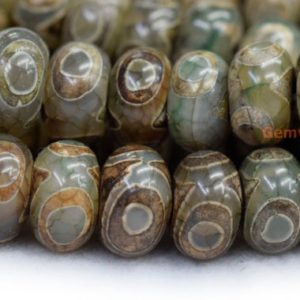 Shop Agate Rondelle Beads! 14.5" 8x12mm/10x14mm Antique green Bulk tibetan DZI agate rondelle beads, semi-precious stone, three eye ZGYG | Natural genuine rondelle Agate beads for beading and jewelry making.  #jewelry #beads #beadedjewelry #diyjewelry #jewelrymaking #beadstore #beading #affiliate #ad