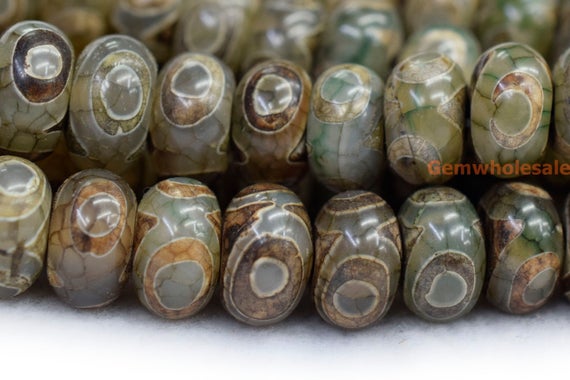 14.5" 8x12mm/10x14mm Antique Green Bulk Tibetan Dzi Agate Rondelle Beads, Semi-precious Stone, Three Eye Zgyg