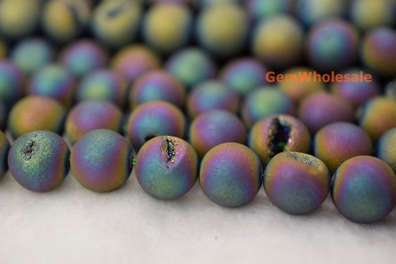 15" 12mm/14mm Plating Titanium Rainbow Druzy Agate Round Beads, Matte Titanium Rainbow Color Druzy Agate