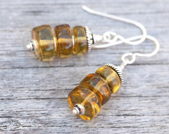 Natural Amber Earrings, Baltic Amber Earrings, Honey Yellow Amber Earrings,  Rustic Golden Earrings, 925 Sterling Silver