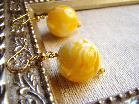Sale Round Resin Amber 20 Mm Gold Earrings Sunshine, Yellow Dangle Drops.