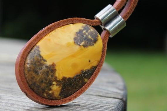Long Amber Necklace Lariat Leather Unique Design Rare Amber Stone Oval Amber Pendant Tan Leather