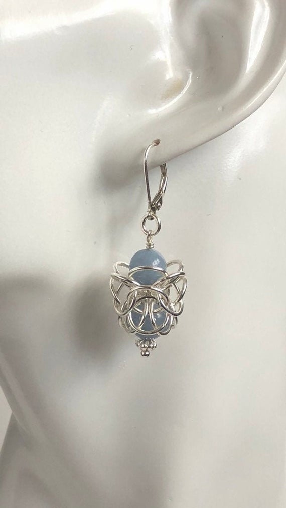 Angelite Earrings, Ornate Chainmaille, Sterling Silver, Dangle Drop