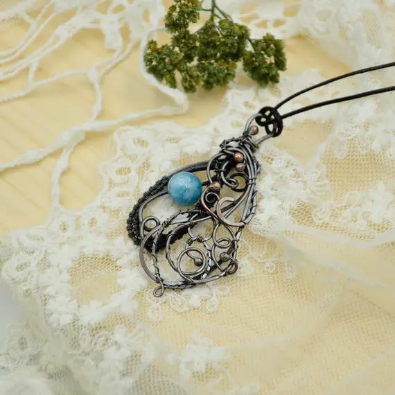 Angelite Necklace, Elven Jewelry, Wire Wrapp, Wirework, Elven Necklace, Angelite Stone