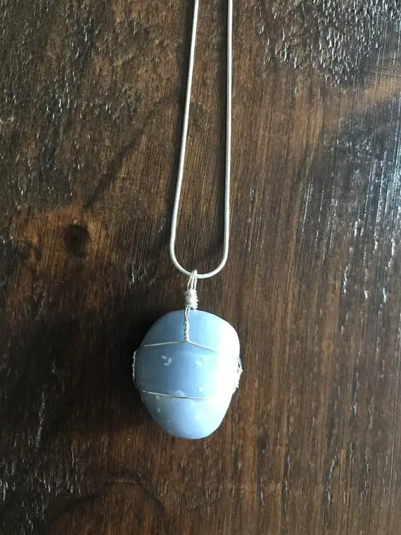Angelite Pendant With Silver Wrapping And Silver Chain