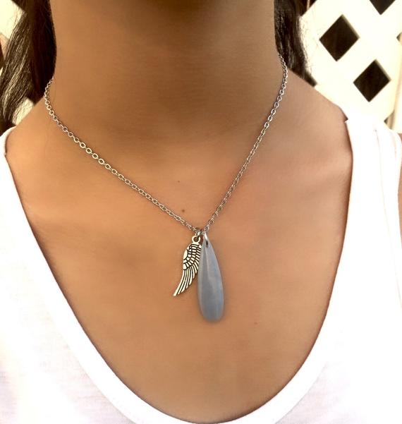 Angelite Necklace, Angelite Stone Necklace, Healing Jewelry, Meaningful Jewelry, Healing Stones, Angel Wing Necklace, Angel Wing Jewelry