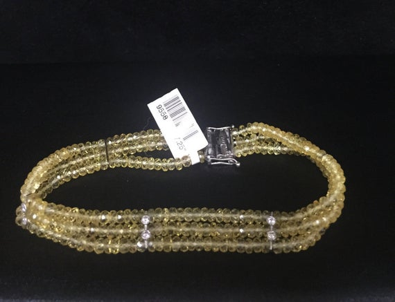 Vintage Style 18k White Gold Diamond & Genuine Yellow Sapphire Beads Bracelet/ 7.25 Inch Length Triple Strand Bracelet/ 3 Layered Bracelet