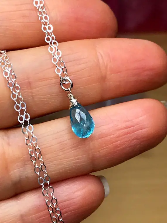 Neon Blue Apatite Pendant Chain Necklace.  Sterling Silver, Small Gemstone Teardrop, Bridal Jewelry.