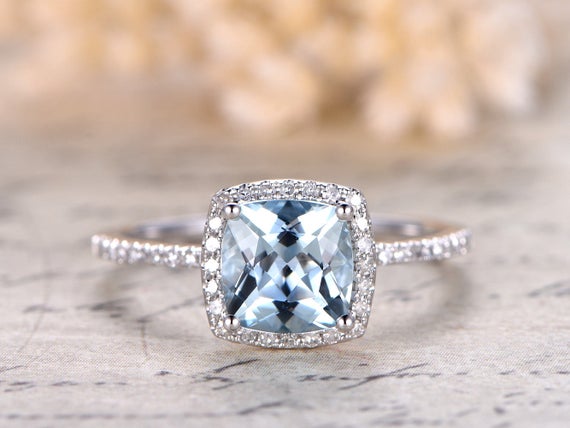 7mm Cushion Cut Aquamarine Ring  For Woman Diamond Halo Ring,aquamarine Engagement Ring ,14k White Gold Ball Set,vintage