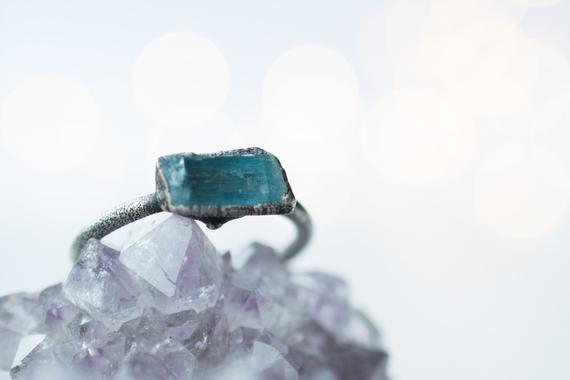 Oxidized Silver Aquamarine Crystal Ring | Raw Aquamarine Ring | March Birthstone Ring | March Birthstone Jewelry