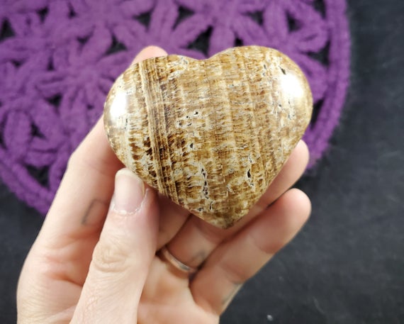 Aragonite Heart Crystal Stones Crystals Polished Brown Stripes Carving Carved Shape Rock Striped