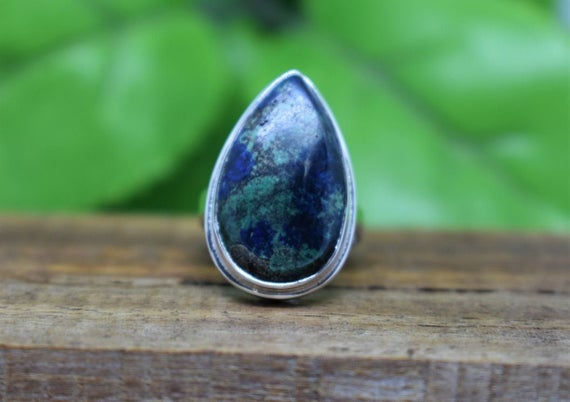 Azurite Ring, Bezel Set Ring, Sterling Silver Ring, Artisan Ring, Pear Azurite Jewelry, Handmade Silver Rings, Natural Stone, Christmas