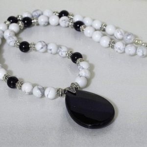 Shop Magnesite Necklaces! Black Onyx and Natural (White) Magnesite Necklace – Gemstone – Large Onyx Pendant on Sterling Silver Bail – 24" Long plus Pendant | Natural genuine Magnesite necklaces. Buy crystal jewelry, handmade handcrafted artisan jewelry for women.  Unique handmade gift ideas. #jewelry #beadednecklaces #beadedjewelry #gift #shopping #handmadejewelry #fashion #style #product #necklaces #affiliate #ad
