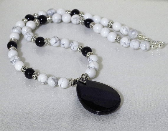 Black Onyx And Natural (white) Magnesite Necklace - Gemstone - Large Onyx Pendant On Sterling Silver Bail - 24" Long Plus Pendant