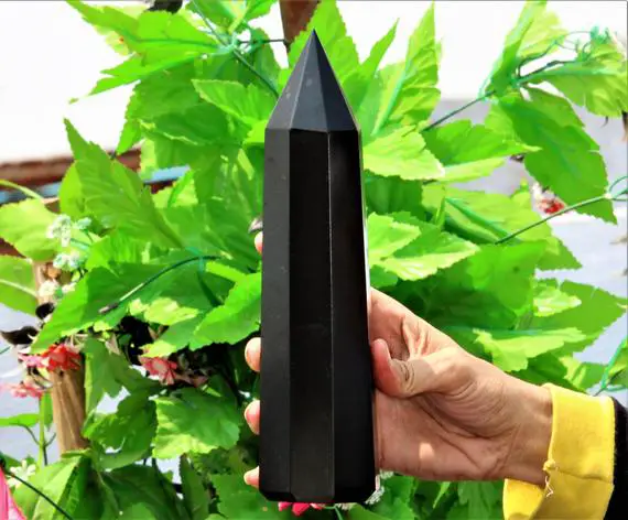 Black Tourmaline Gemstone Spiritual Obelisk - Large 255mm 8-faceted Healing Crystal For Meditation & Chakra Balancing, Reiki Energy Gift