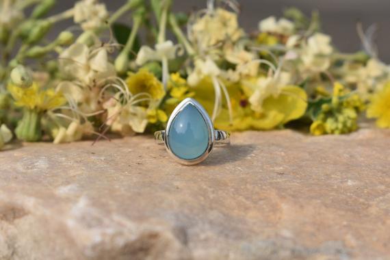 Blue Chalcedony Ring, Gemstone Jewelry, 925 Silver Ring, Pear Ring, Double Bezel Ring, Gift For Her, Boho Ring, Wife Gift, Christmas Offer