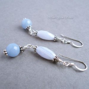 Shop Angelite Earrings! Blue Lace Agate and Angelite Earrings in Sterling Silver, Light Blue Gemstone Handmade Jewelry | Natural genuine Angelite earrings. Buy crystal jewelry, handmade handcrafted artisan jewelry for women.  Unique handmade gift ideas. #jewelry #beadedearrings #beadedjewelry #gift #shopping #handmadejewelry #fashion #style #product #earrings #affiliate #ad