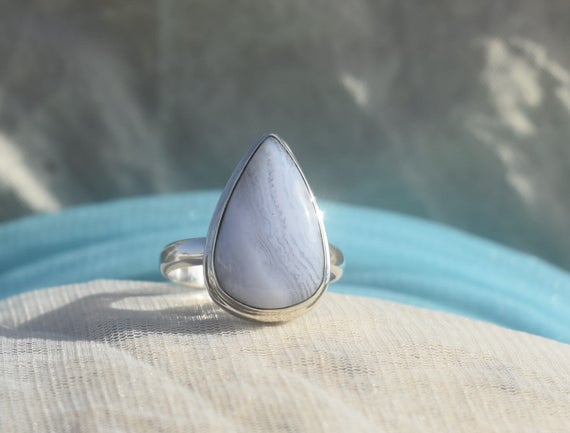 Blue Lace Agate Ring, 925 Sterling Silver Ring, Pear Gemstone Ring, Simple Band Ring, Gift For Mom Sis,  Blue Gemstone Ring, Sale