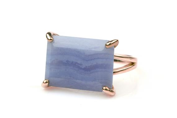 Blue Lace Agate Ring · Rectangle Ring · Wide Stone Ring · Gemstone Ring · Semiprecious Ring · Rose Gold Ring · Prong Cocktail Ring For Women