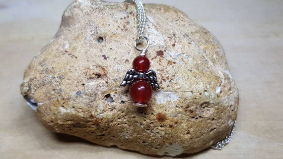 Small Carnelian Angel Pendant Necklace. July Birthstone. Red Reiki Jewelry Uk. 17th Anniversary Gemstone