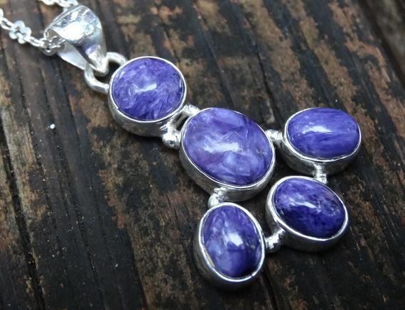 Enchanting Purple Charoite Sterling Silver Necklace, 925 Silver Purple Charoite Multi Stone Statement Pendant, Natural Chariote Necklace
