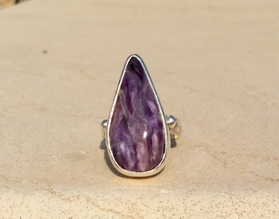 Womens Silver Rings With Stones, Charoite Teardrop Gemstone Ring, Womens Jewellery Gift Ideas