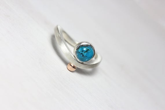 Chrysocolla Bezel Ring Silver 14k Rose Gold Blue Green Teal Cabochon Gemstone Wave Band Cute Gift Idea For Her Little World - Kleine Welt