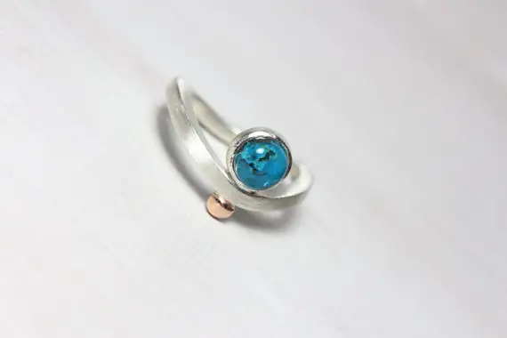 Chrysocolla Bezel Ring Silver 14k Rose Gold Blue Green Teal Cabochon Gemstone Wave Band Cute Gift Idea For Her Little World - Kleine Welt